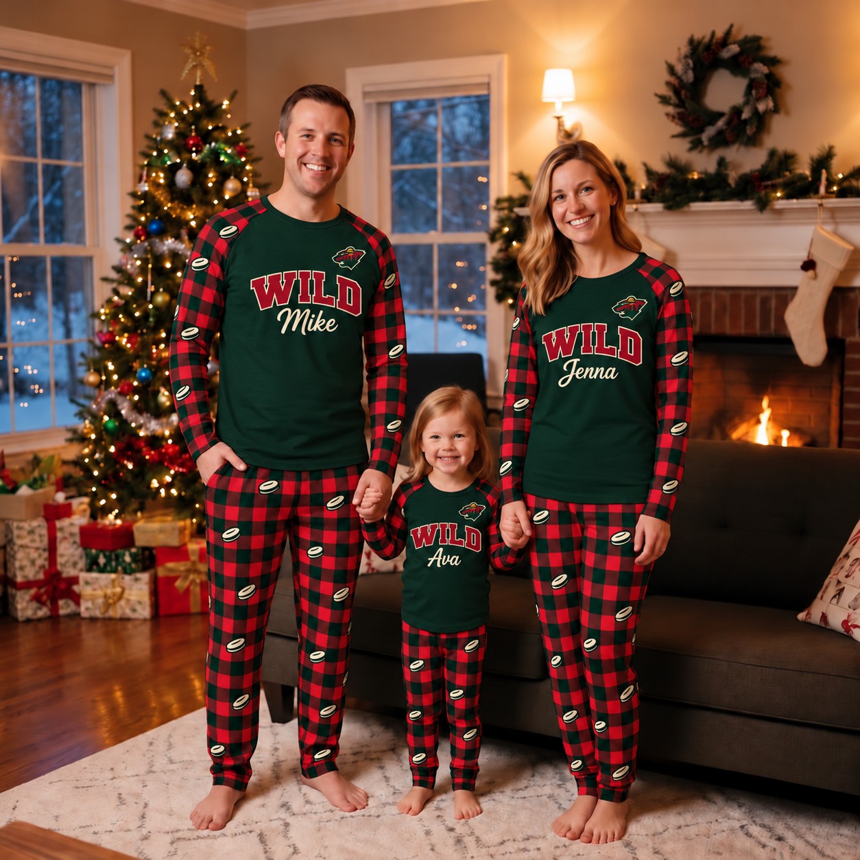 Minnesota Wild family Christmas pajamas, plaid design