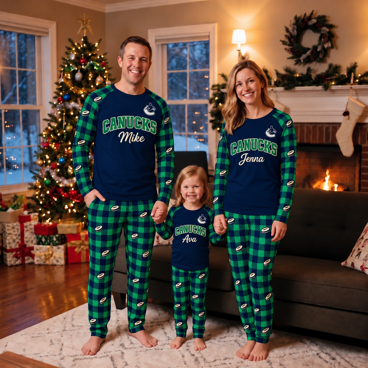 Vancouver Canucks family Christmas pajamas, plaid design
