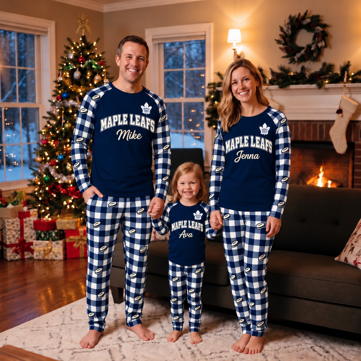 Toronto Maple Leafs family Christmas pajamas, plaid design