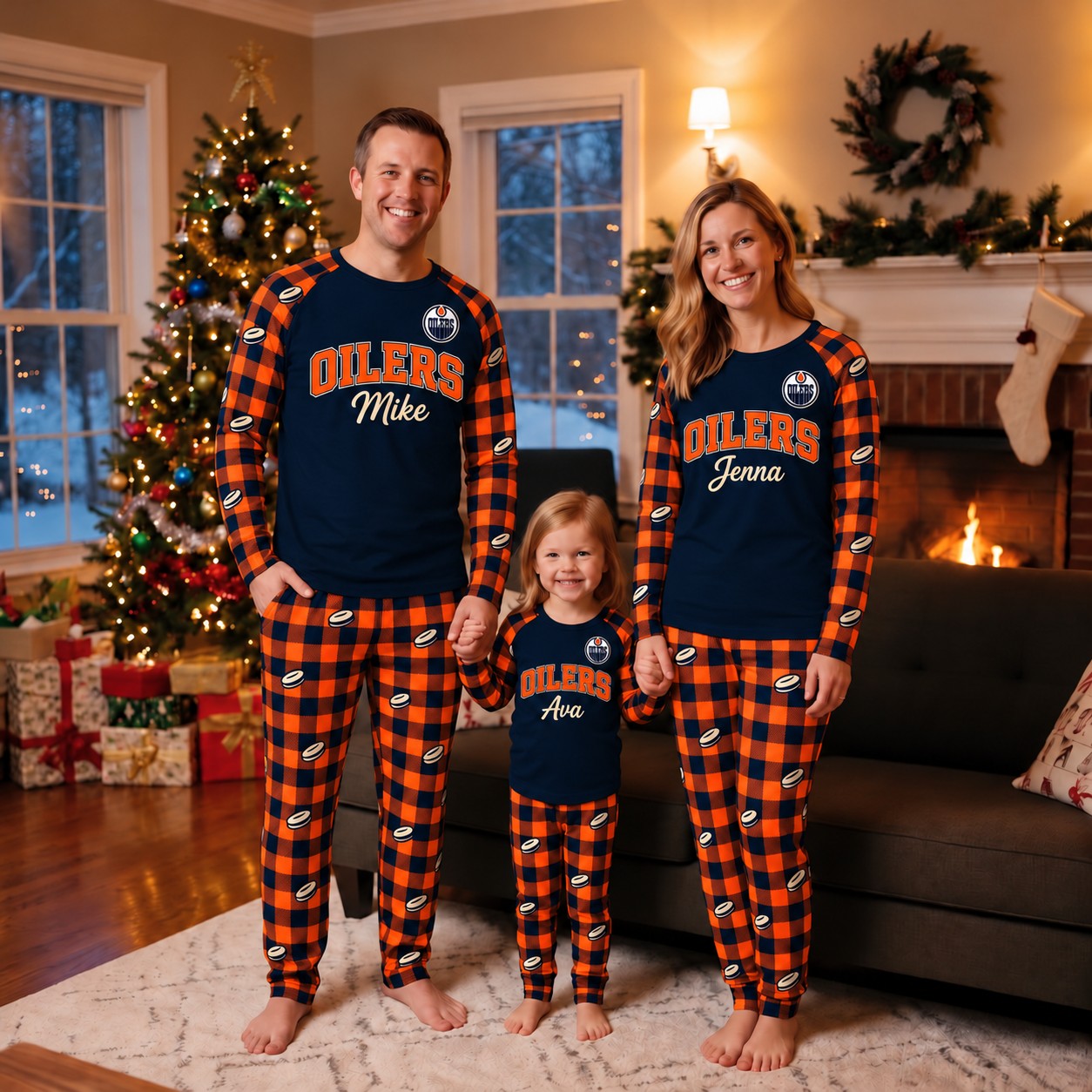 Edmonton Oilers family Christmas pajamas, plaid design