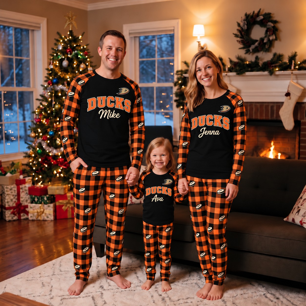 Anaheim Ducks family Christmas pajamas, plaid design