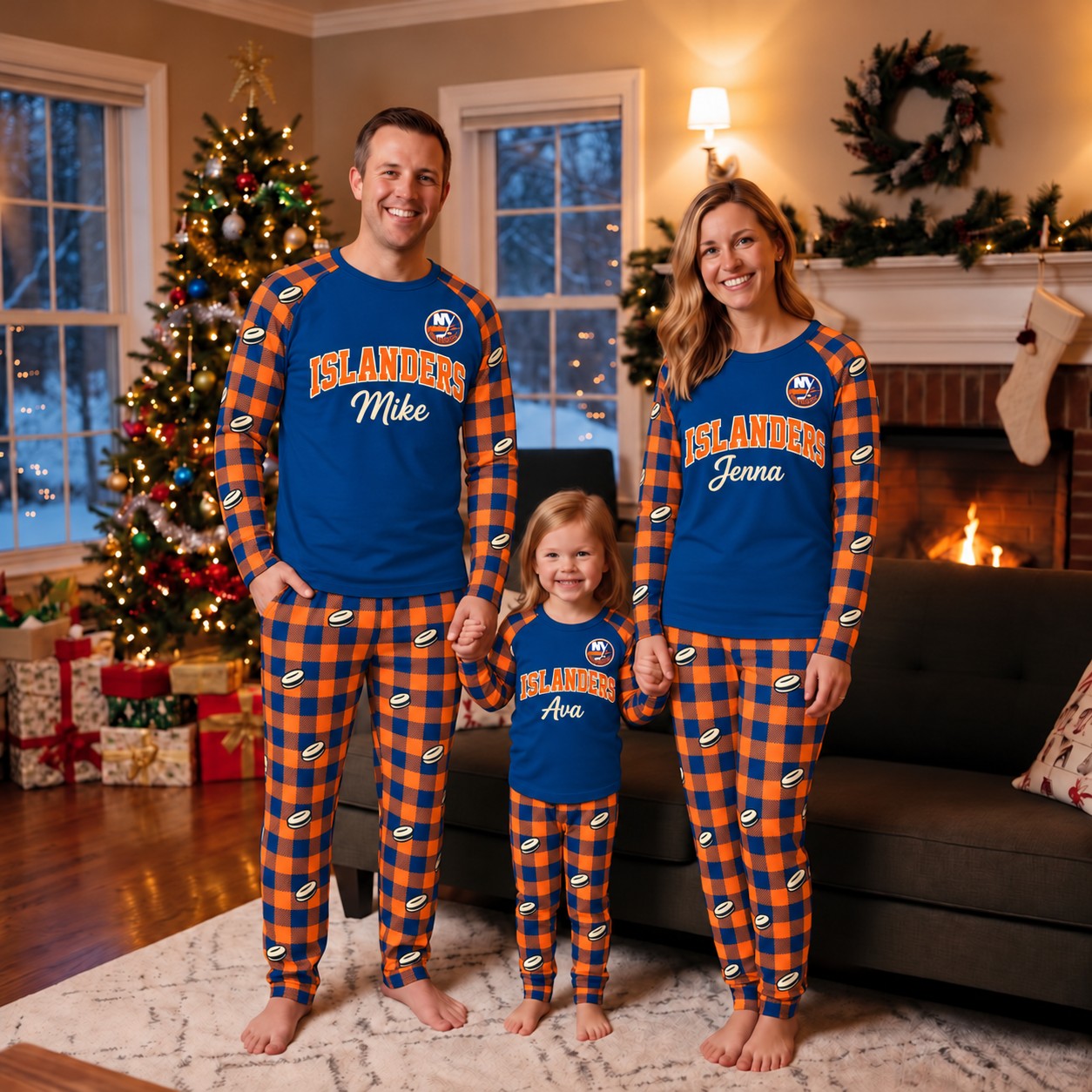 New York Islanders family Christmas pajamas, plaid design