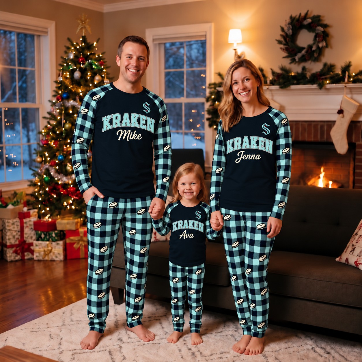 Seattle Kraken family Christmas pajamas, plaid design