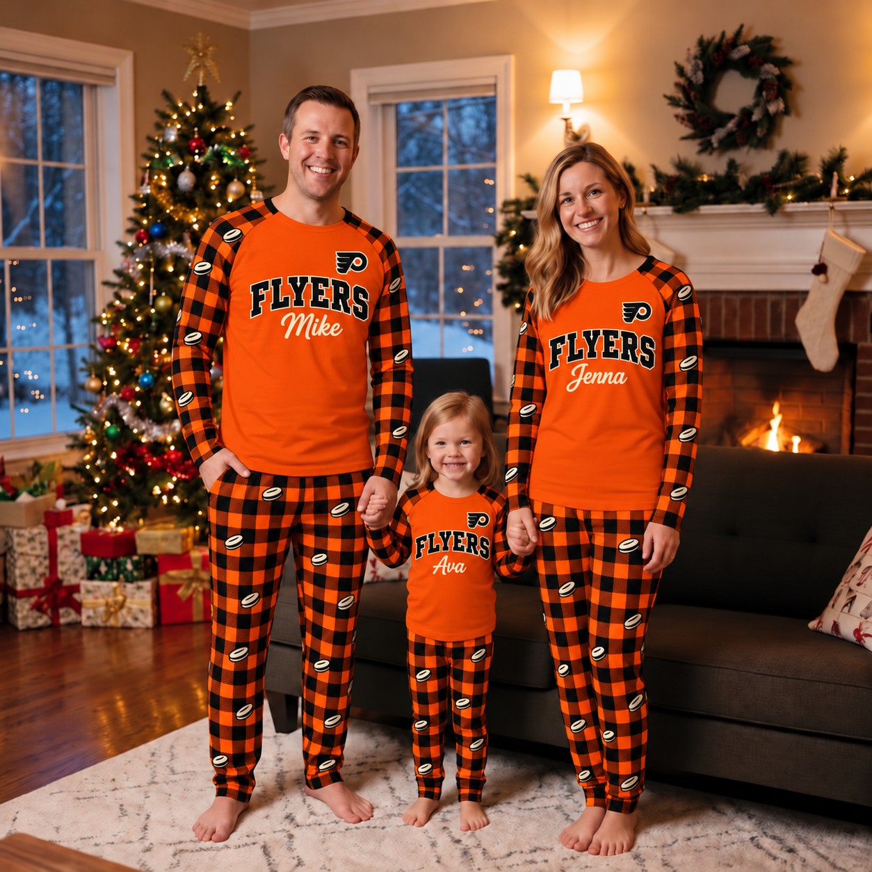 Philadelphia Flyers family Christmas pajamas, plaid design