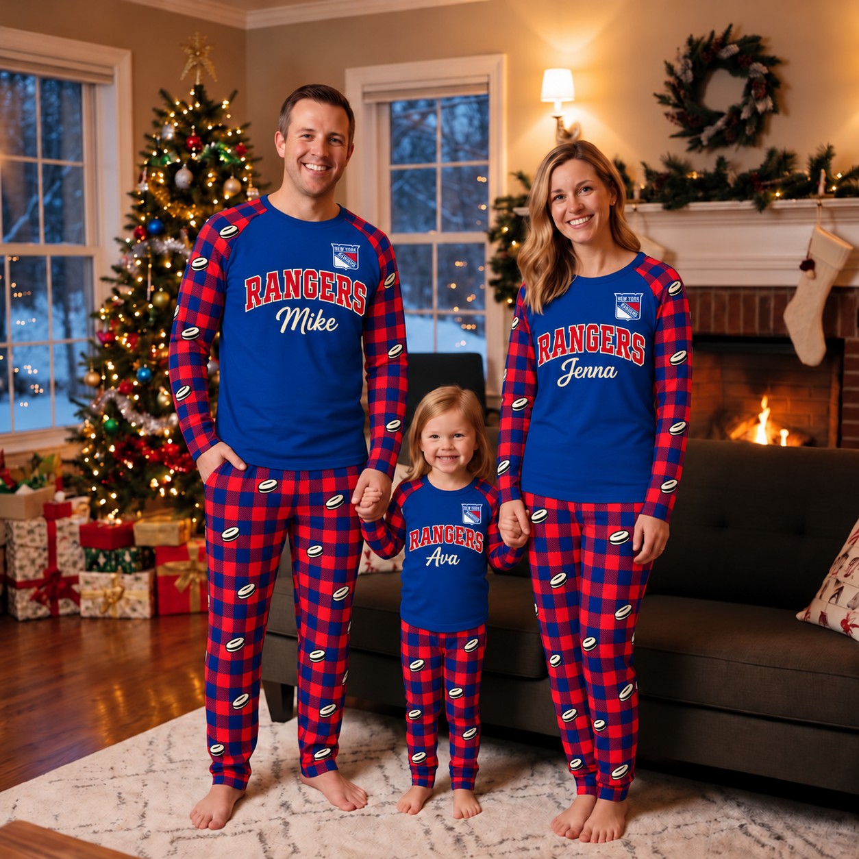 New York Rangers family Christmas pajamas, plaid design