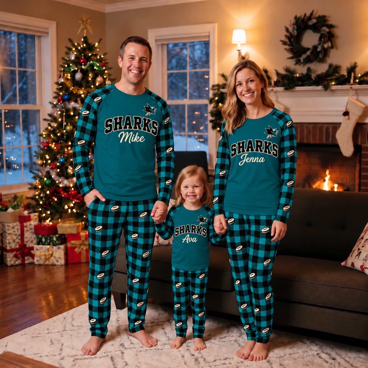 San Jose Sharks family Christmas pajamas, plaid design
