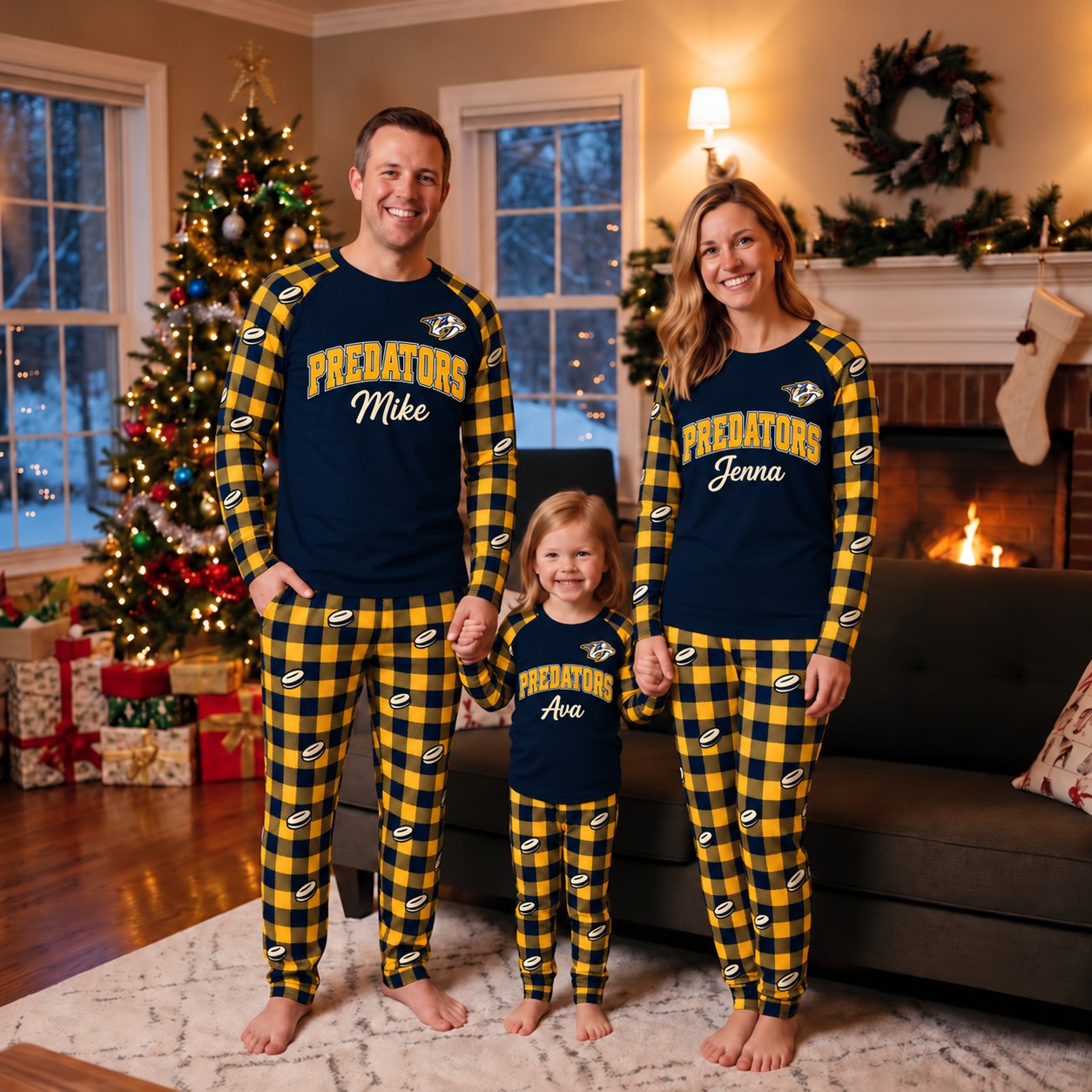 Nashville Predators family Christmas pajamas, plaid design