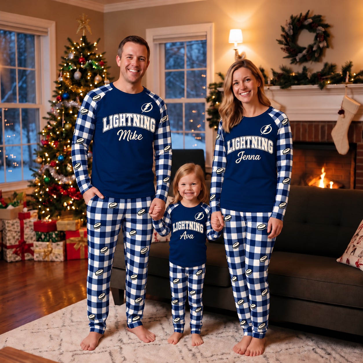 Tampa Bay Lightning family Christmas pajamas, plaid design