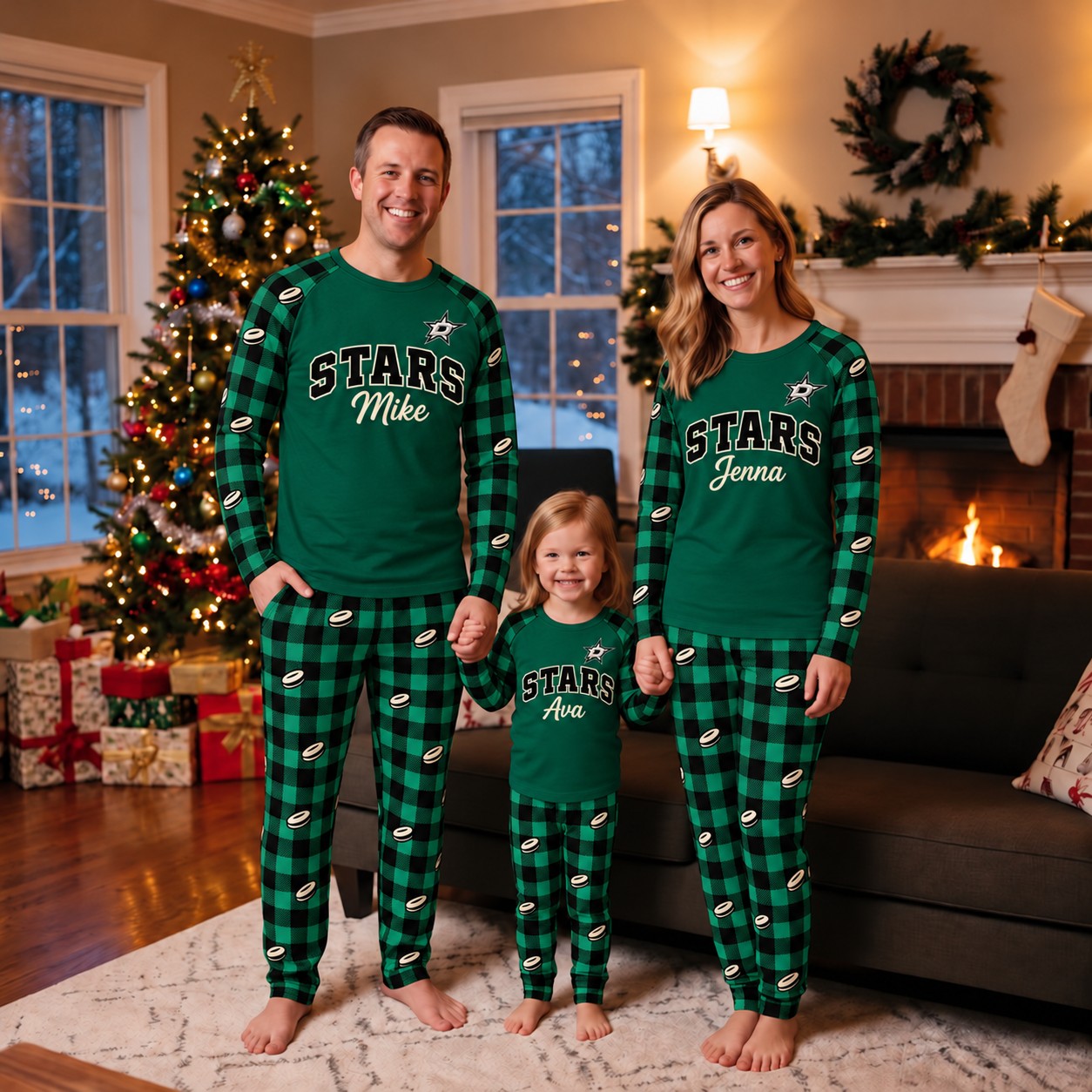 Dallas Stars family Christmas pajamas, plaid design