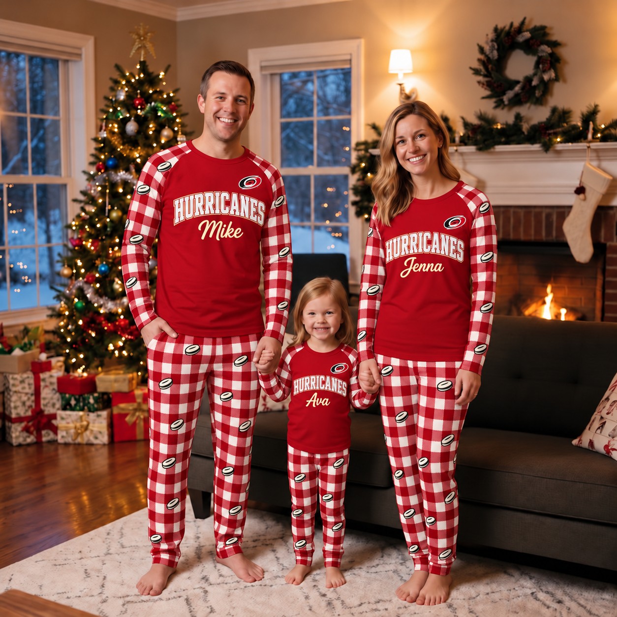Carolina Hurricanes family Christmas pajamas, plaid design