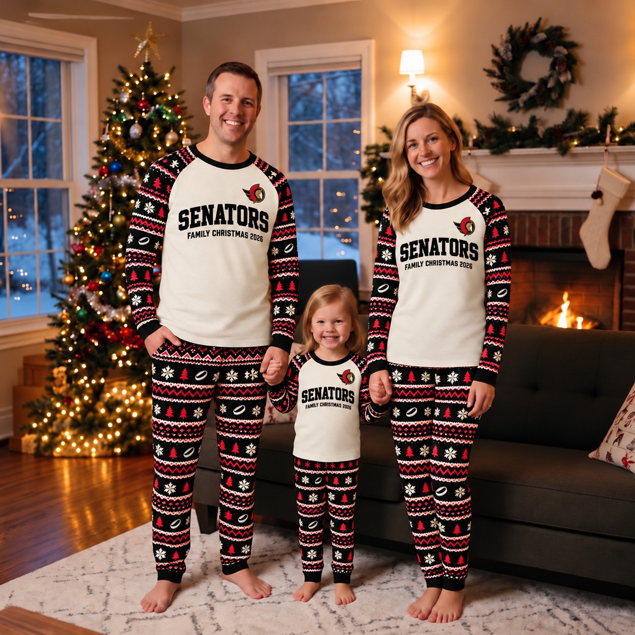 Ottawa Senators family Christmas pajamas, fair isle design