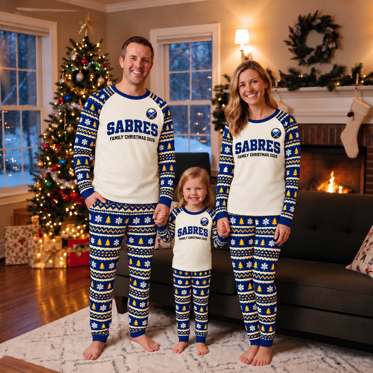 Buffalo Sabres family Christmas pajamas, fair isle design
