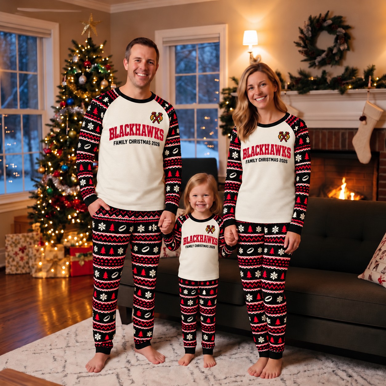 Chicago Blackhawks family Christmas pajamas, fair isle design