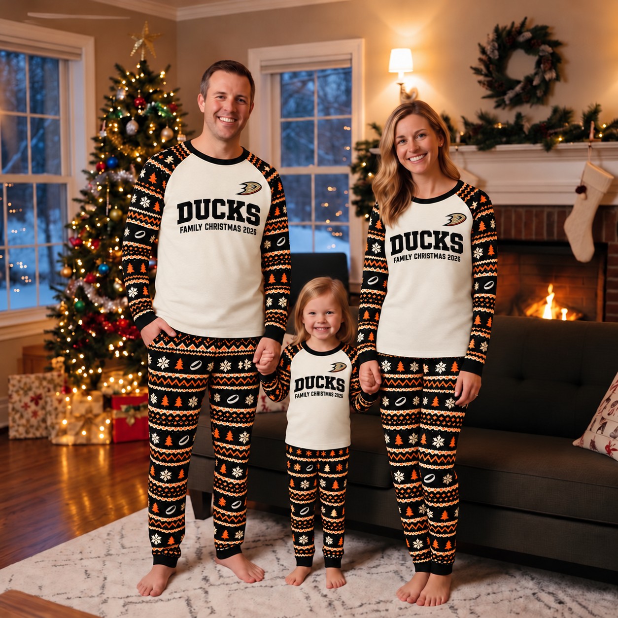 Anaheim Ducks family Christmas pajamas, fair isle design