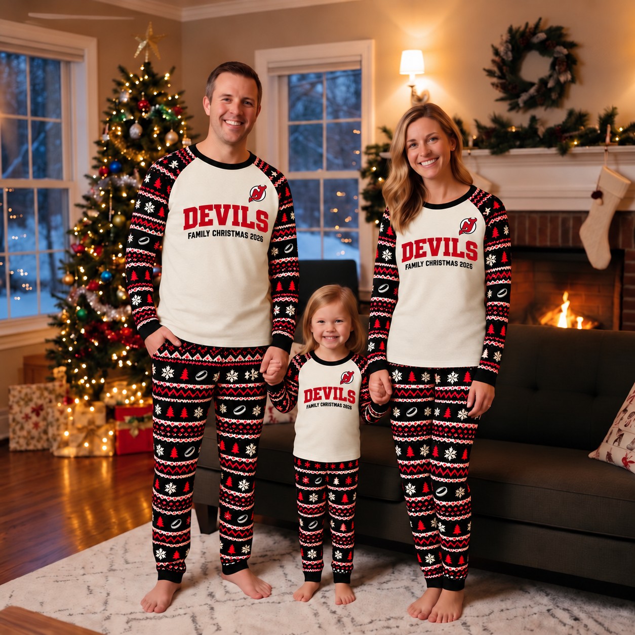 New Jersey Devils family Christmas pajamas, fair isle design