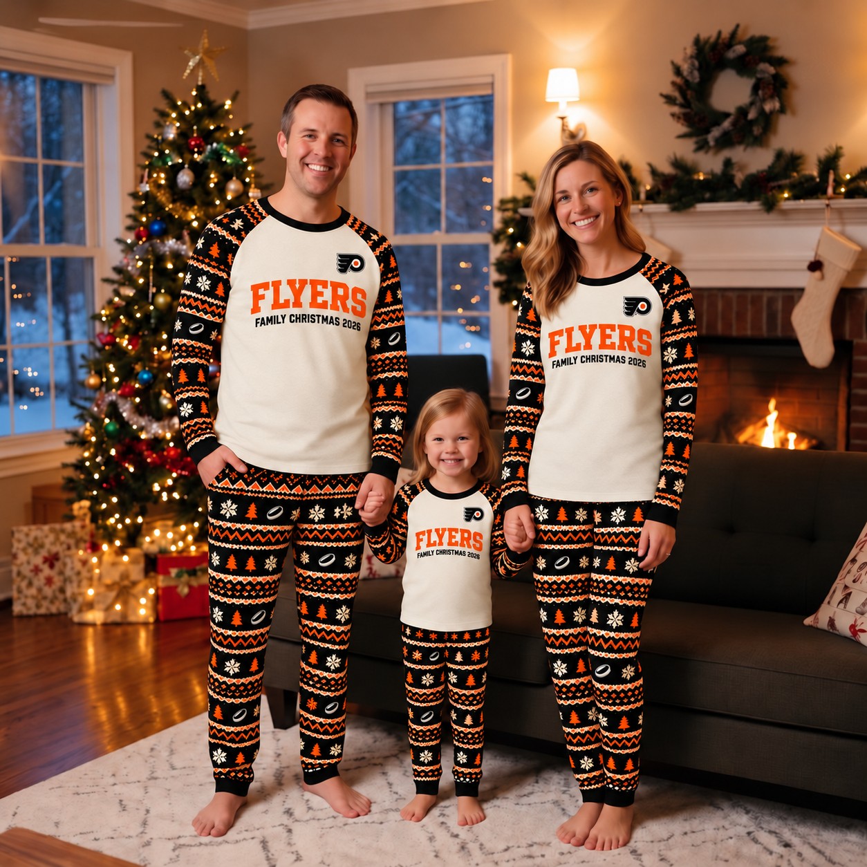 Philadelphia Flyers family Christmas pajamas, fair isle design