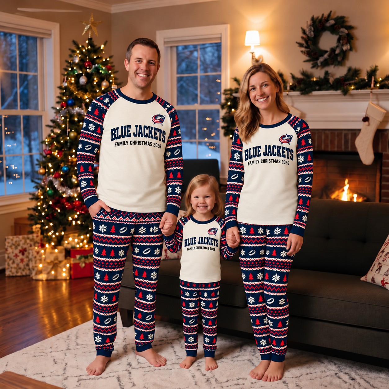 Columbus Blue Jackets family Christmas pajamas, fair isle design