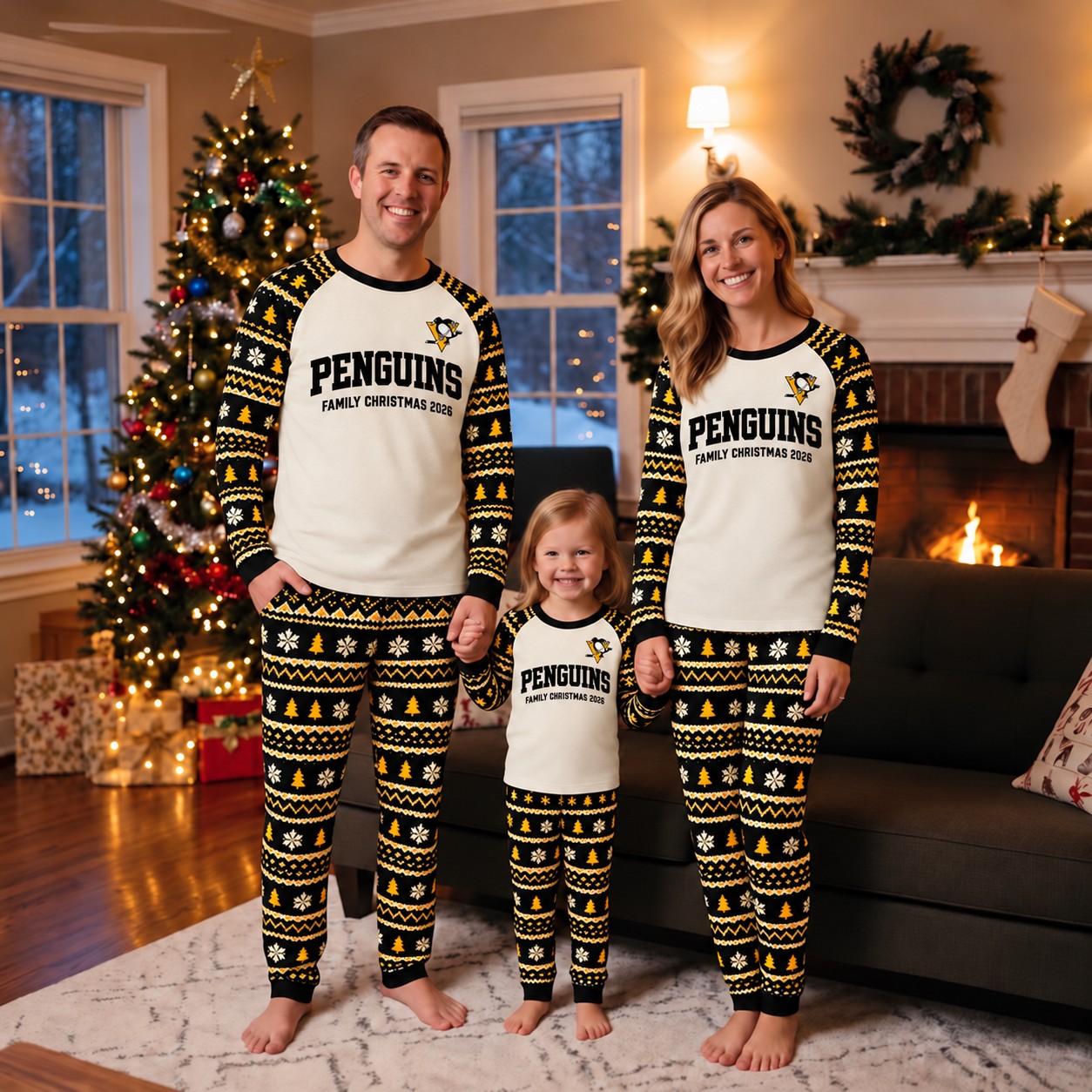 Pittsburgh Penguins family Christmas pajamas, fair isle design
