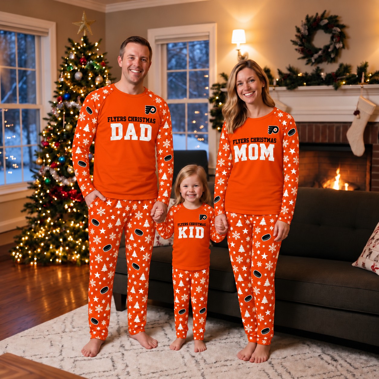 Philadelphia Flyers family Christmas pajamas, dad mom kid design