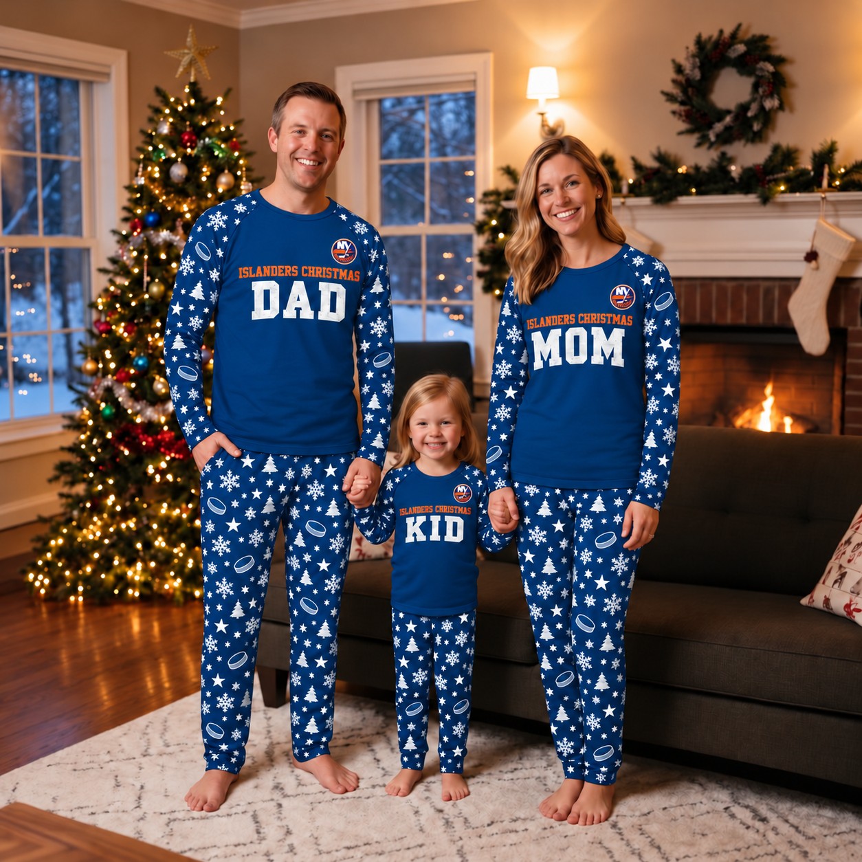 New York Islanders family Christmas pajamas, dad mom kid design