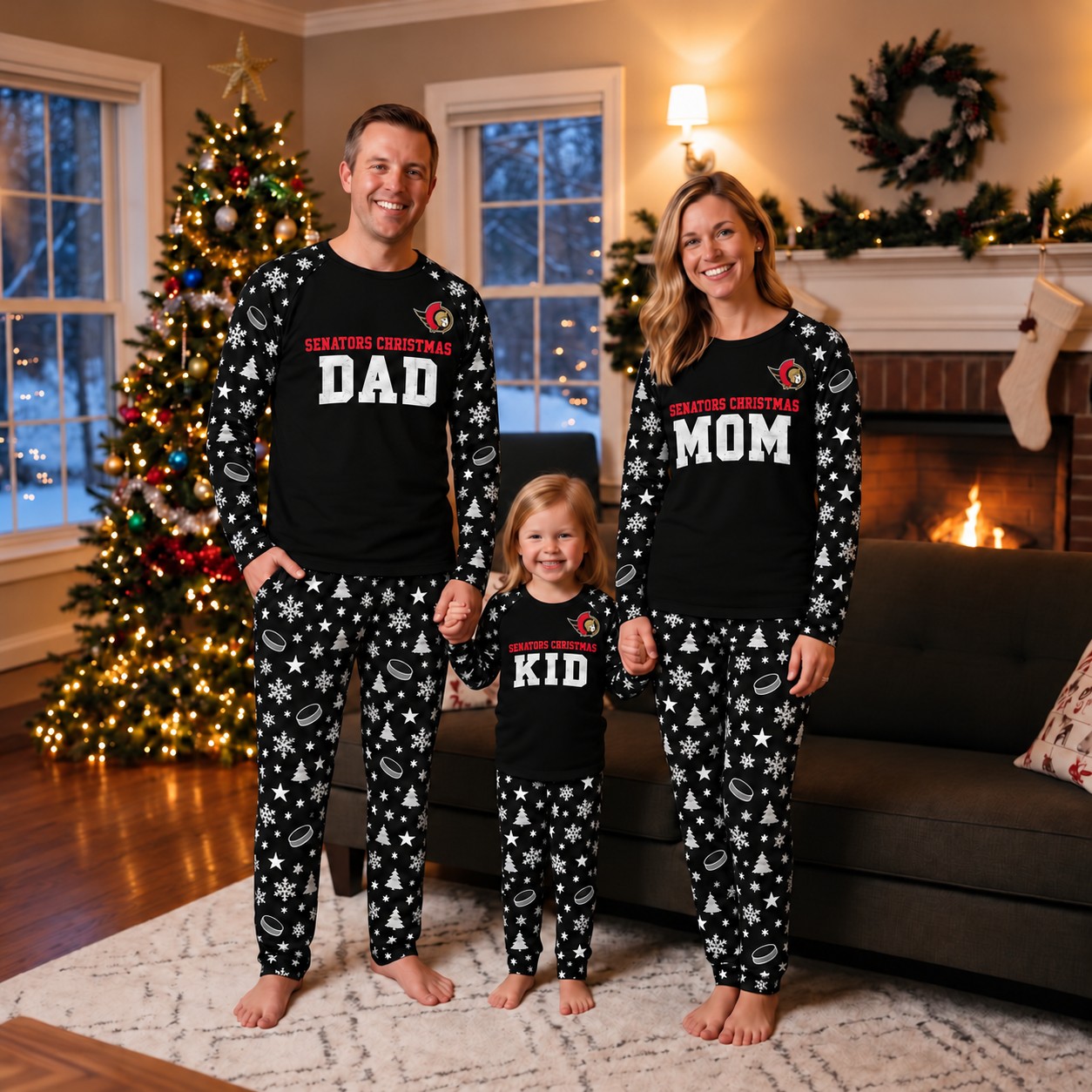 Ottawa Senators family Christmas pajamas, dad mom kid design
