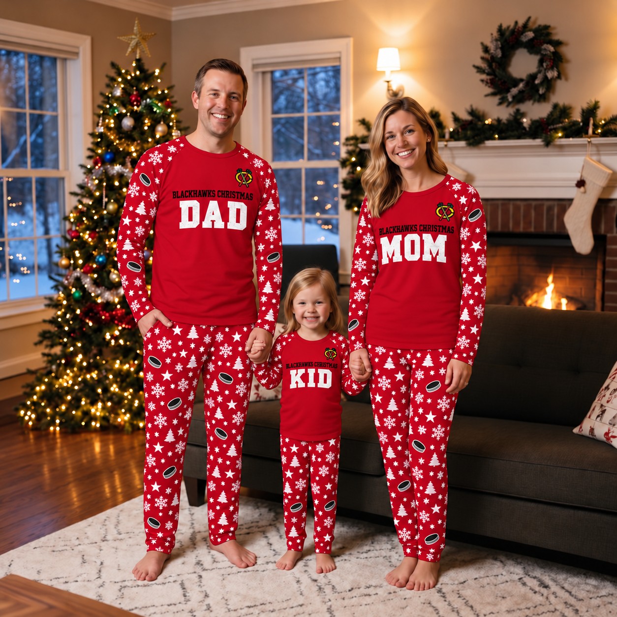 Chicago Blackhawks family Christmas pajamas, dad mom kid design