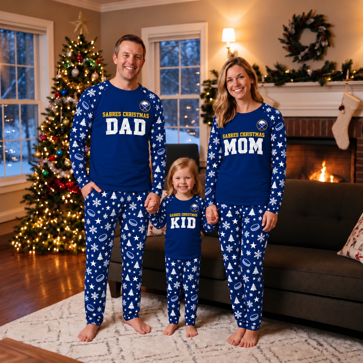 Buffalo Sabres family Christmas pajamas, dad mom kid design