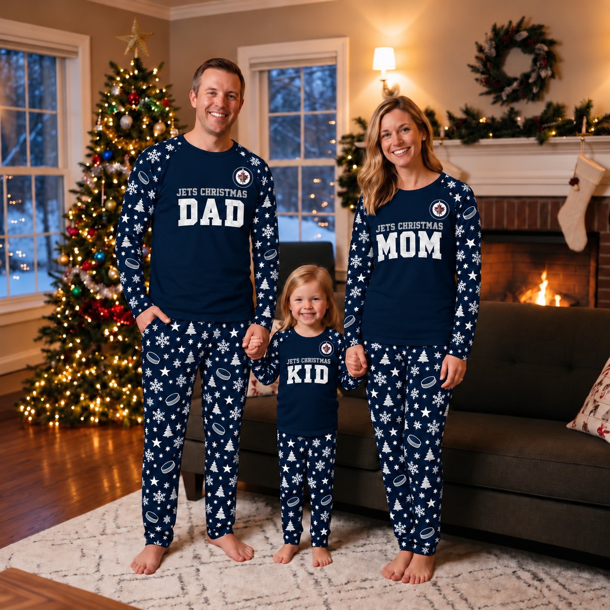 Winnipeg Jets family Christmas pajamas, dad mom kid design