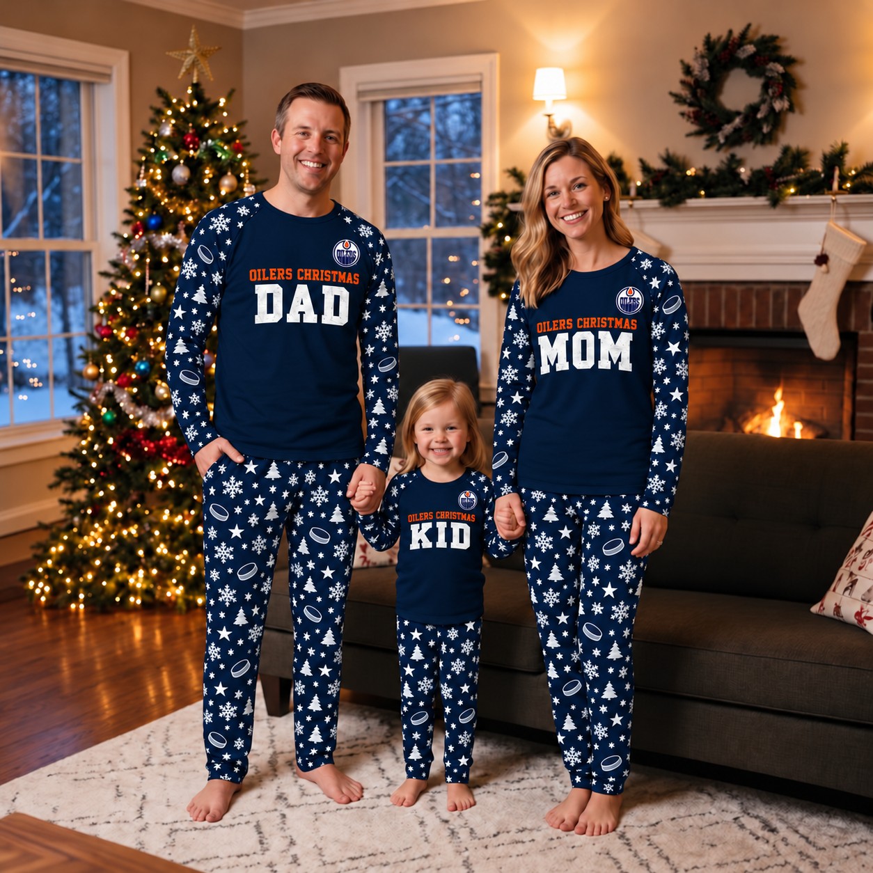 Edmonton Oilers family Christmas pajamas, dad mom kid design