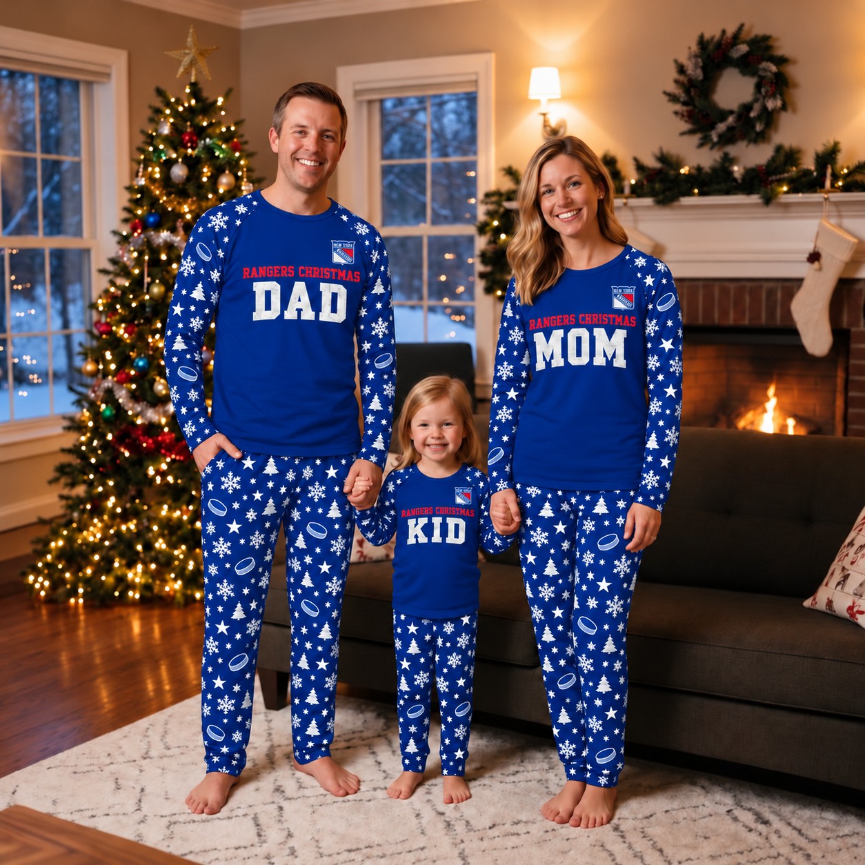 New York Rangers family Christmas pajamas, dad mom kid design