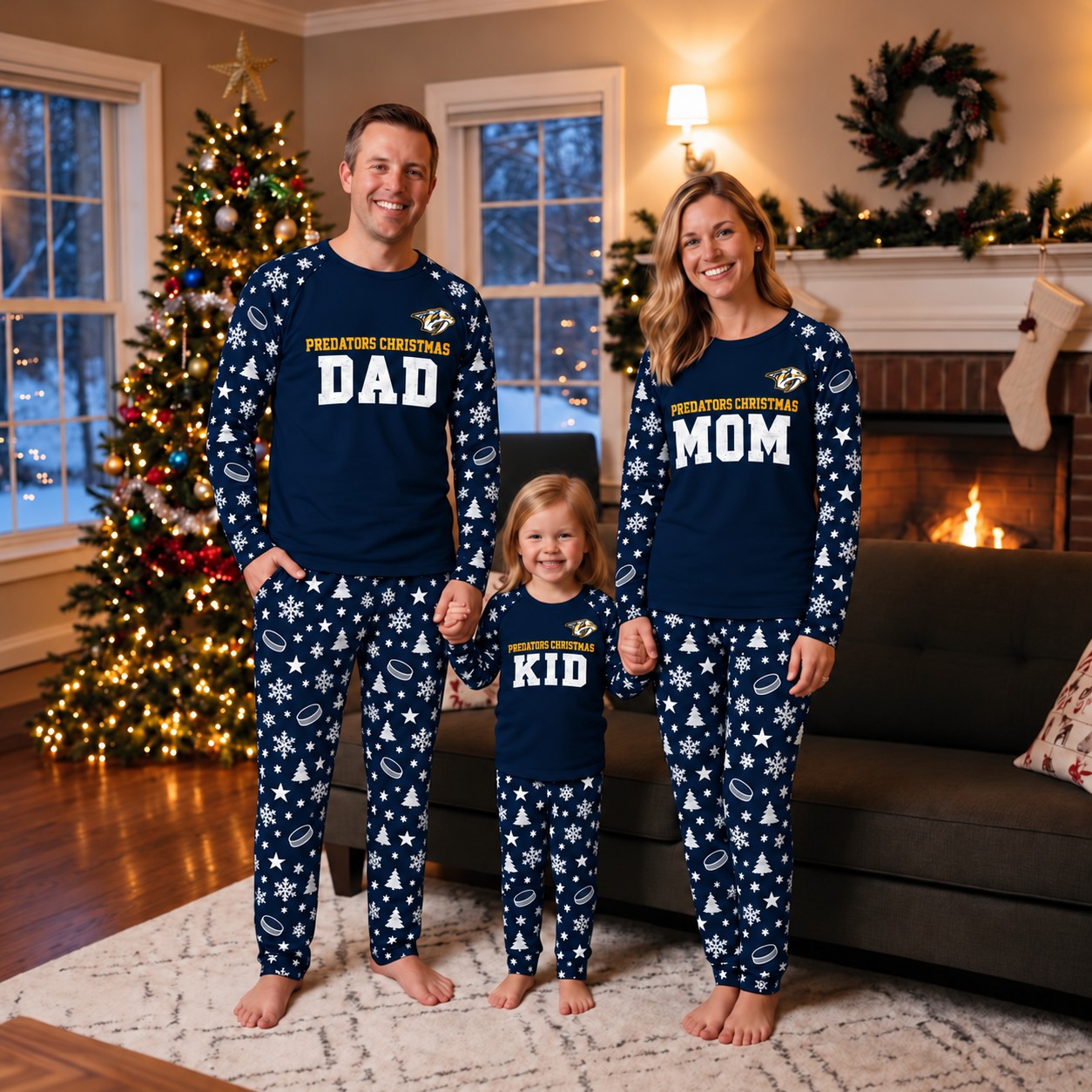 Nashville Predators family Christmas pajamas, dad mom kid design