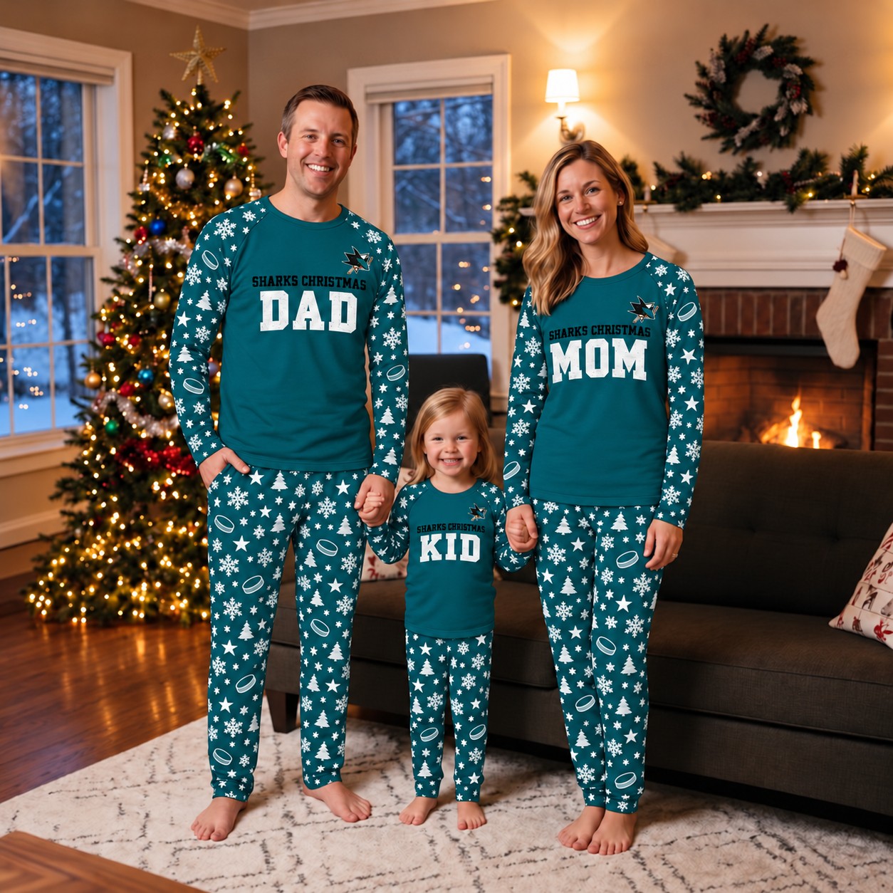San Jose Sharks family Christmas pajamas, dad mom kid design