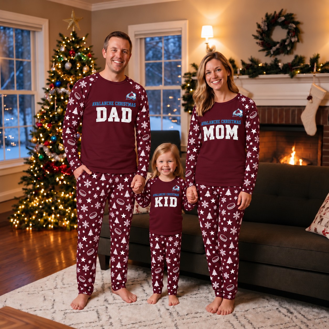 Colorado Avalanche family Christmas pajamas, dad mom kid design