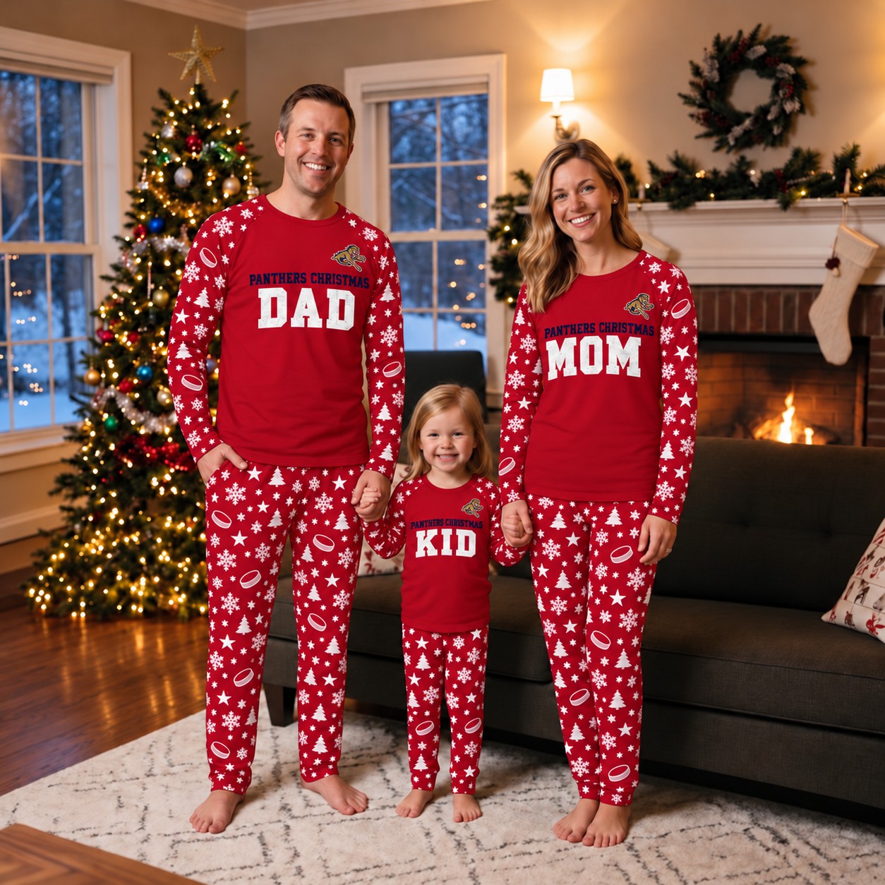 Florida Panthers family Christmas pajamas, dad mom kid design