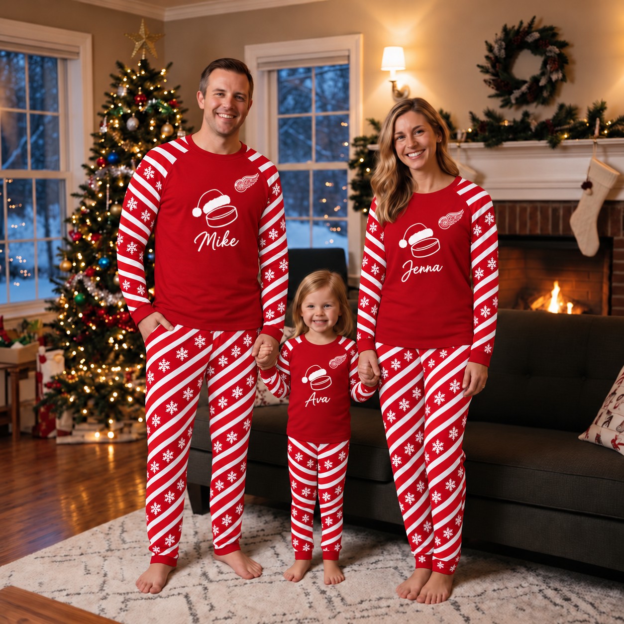 Detroit Red Wings family Christmas pajamas, candy stripe design
