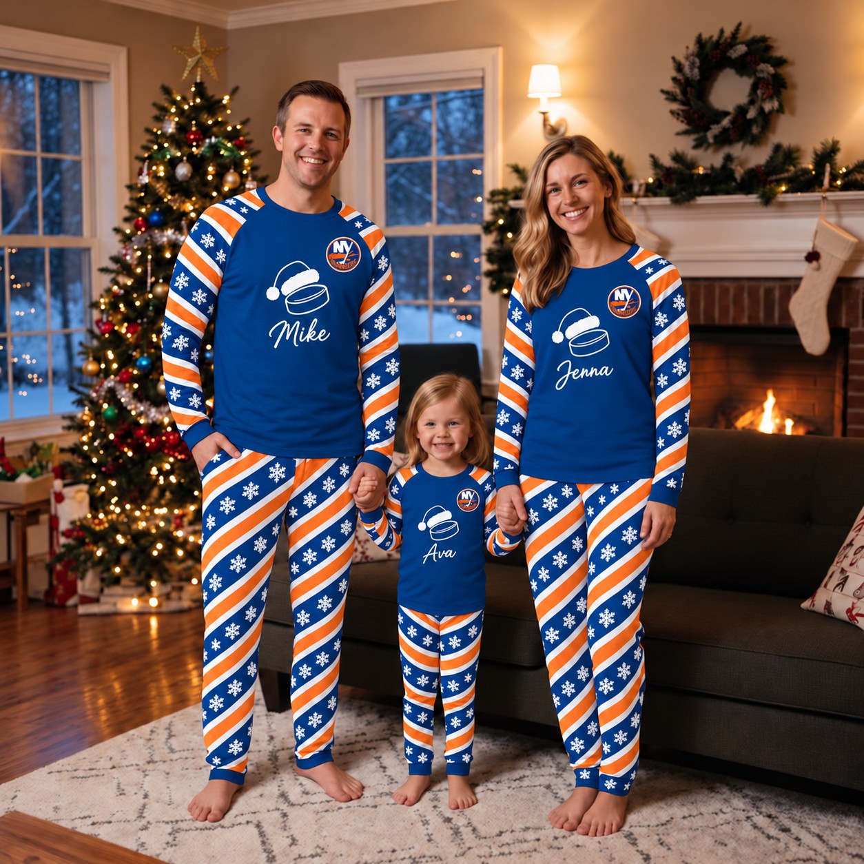 New York Islanders family Christmas pajamas, candy stripe design