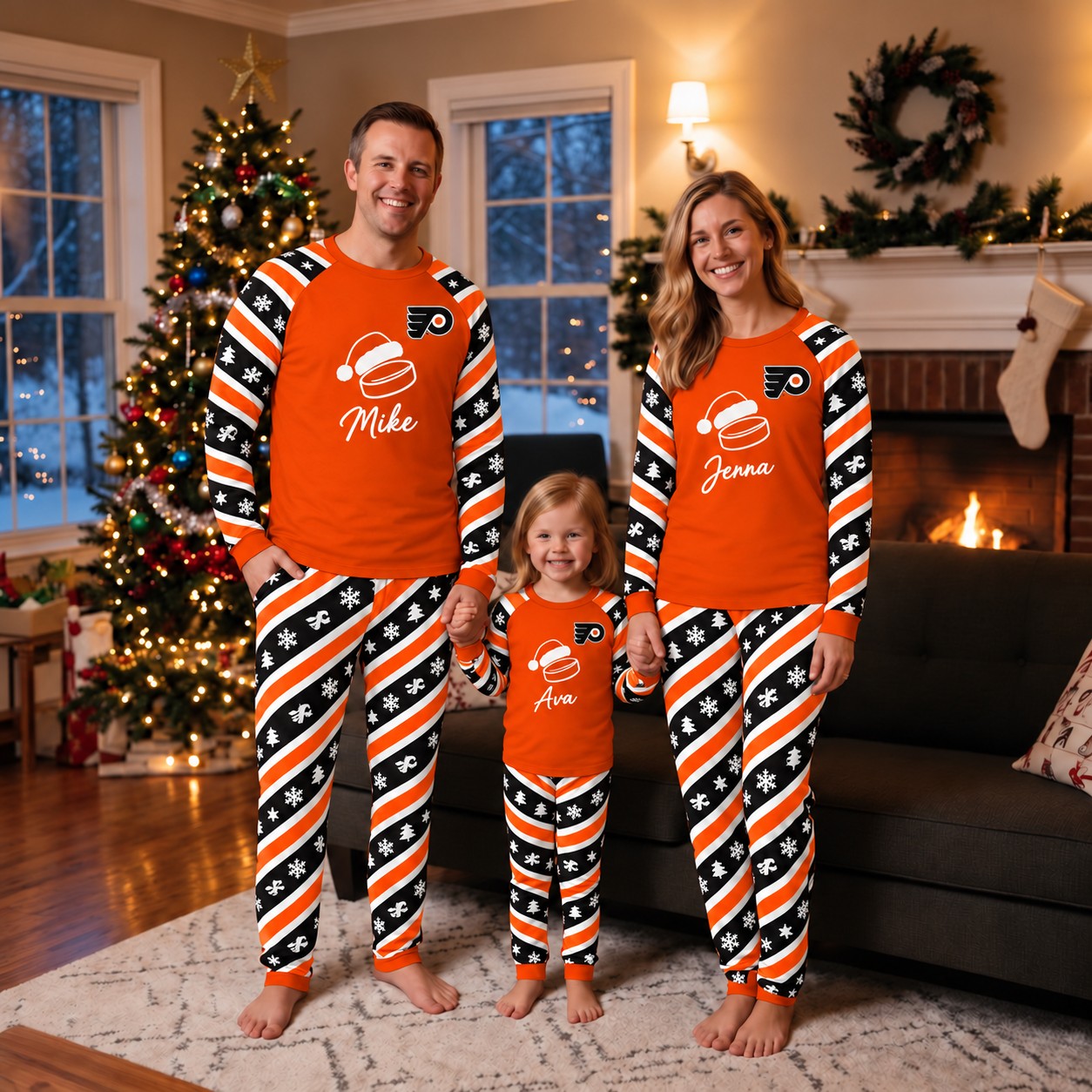 Philadelphia Flyers family Christmas pajamas, candy stripe design