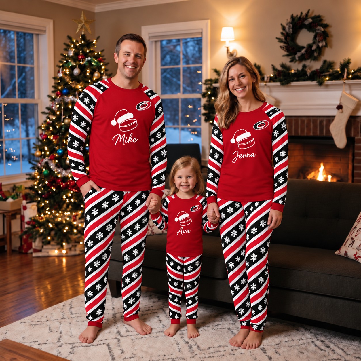 Carolina Hurricanes family Christmas pajamas, candy stripe design