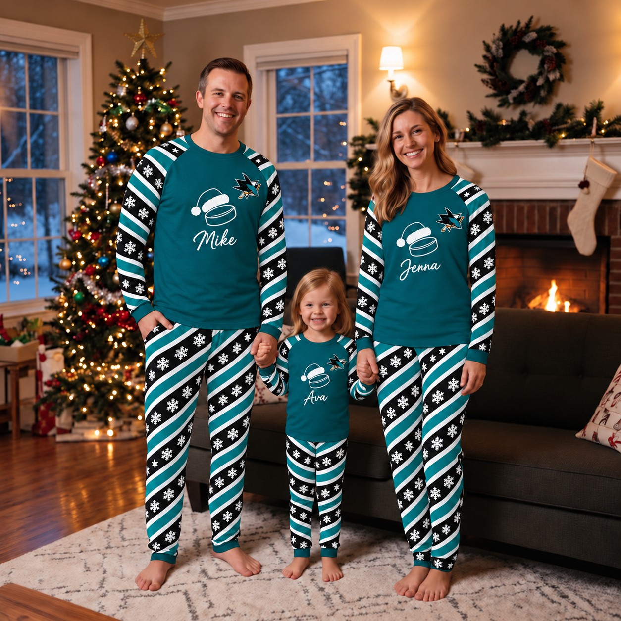 San Jose Sharks family Christmas pajamas, candy stripe design