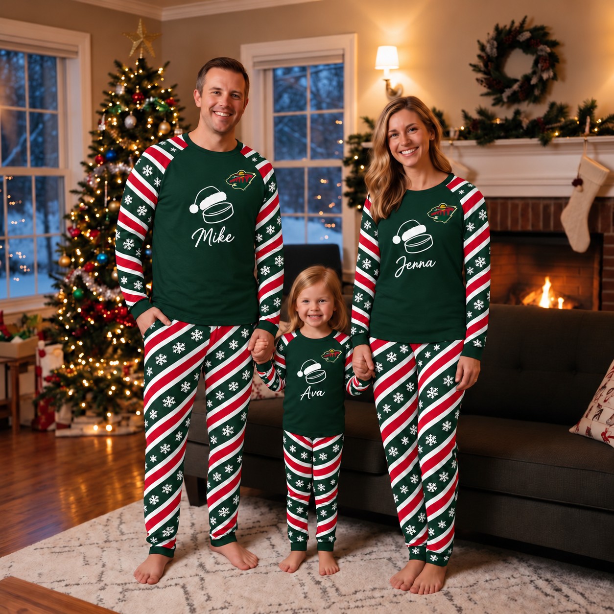 Minnesota Wild family Christmas pajamas, candy stripe design