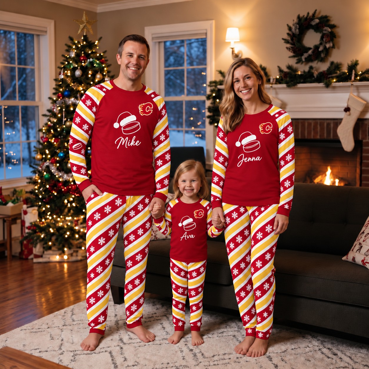Calgary Flames family Christmas pajamas, candy stripe design