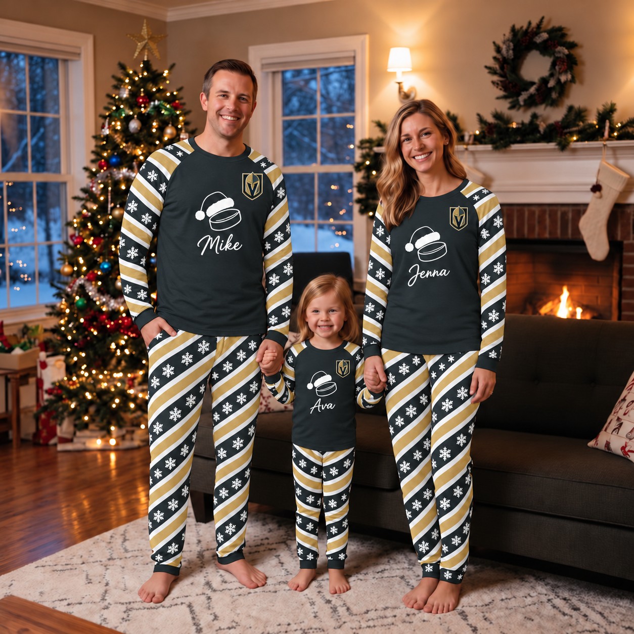Vegas Golden Knights family Christmas pajamas, candy stripe design