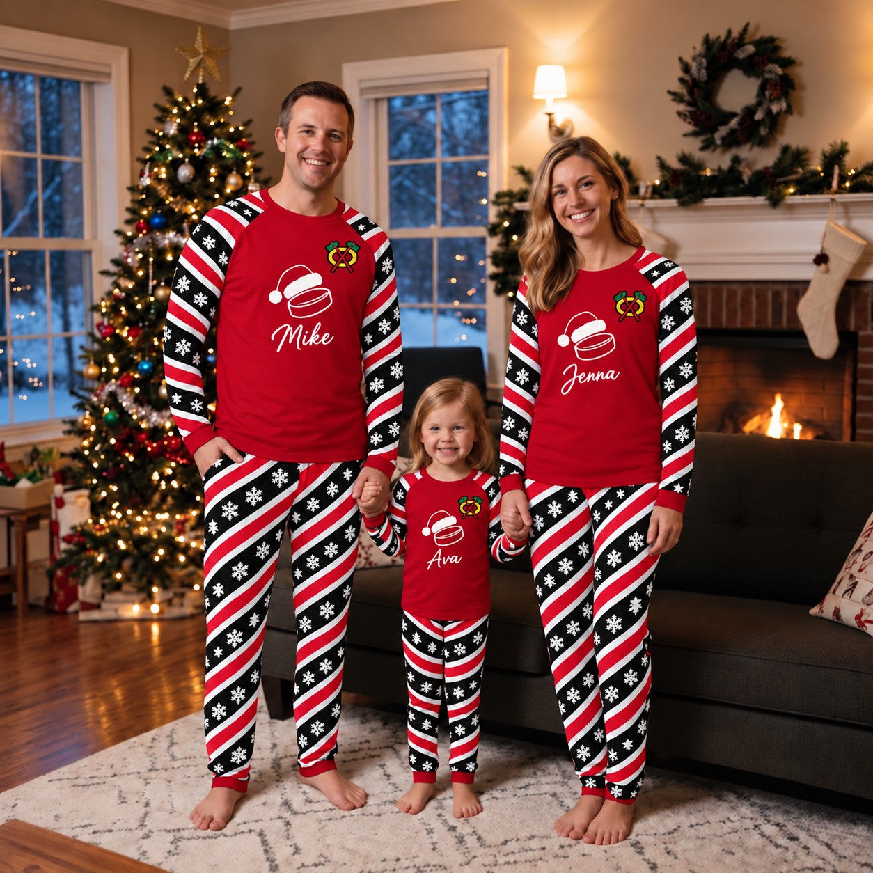 Chicago Blackhawks family Christmas pajamas, candy stripe design