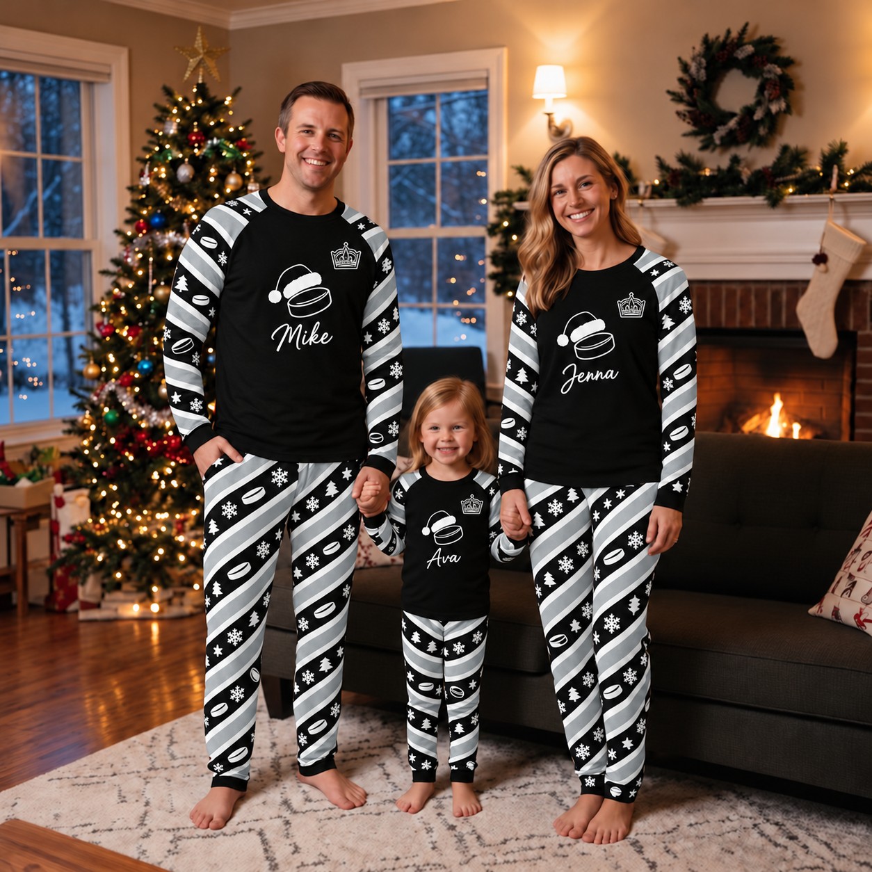 Los Angeles Kings family Christmas pajamas, candy stripe design