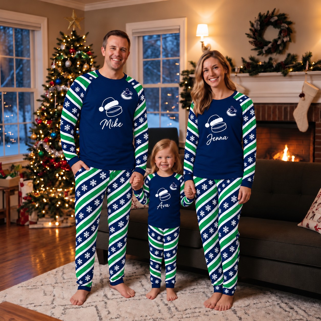 Vancouver Canucks family Christmas pajamas, candy stripe design