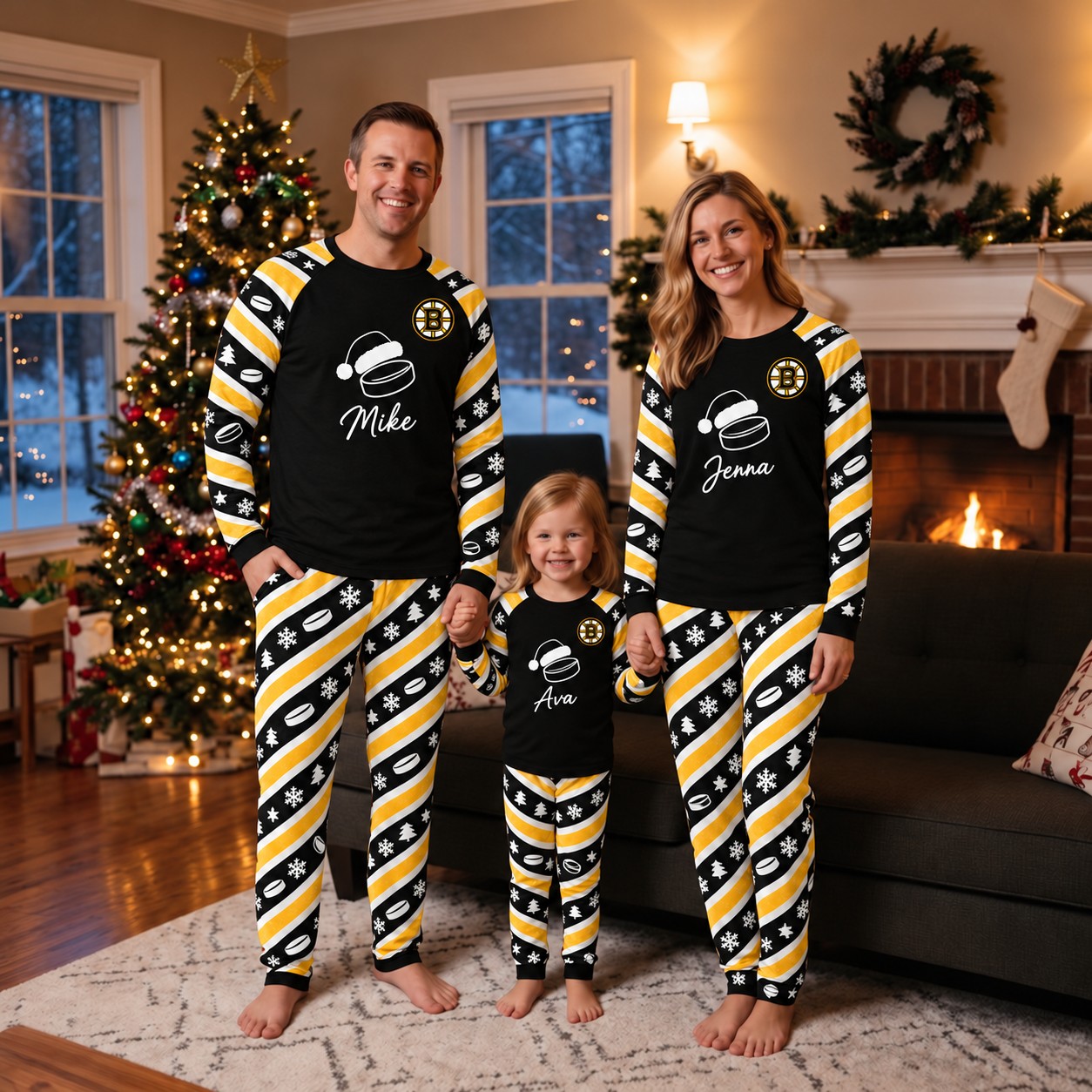 Boston Bruins family Christmas pajamas, candy stripe design