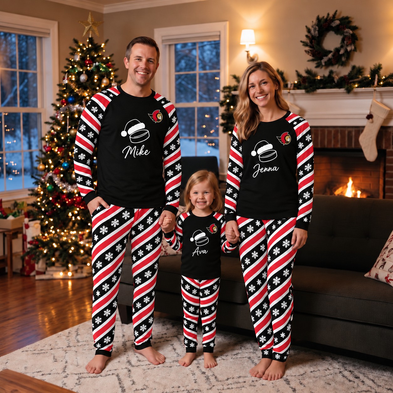 Ottawa Senators family Christmas pajamas, candy stripe design