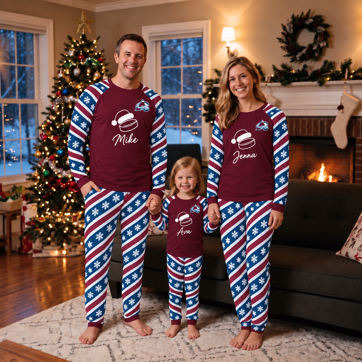Colorado Avalanche family Christmas pajamas, candy stripe design