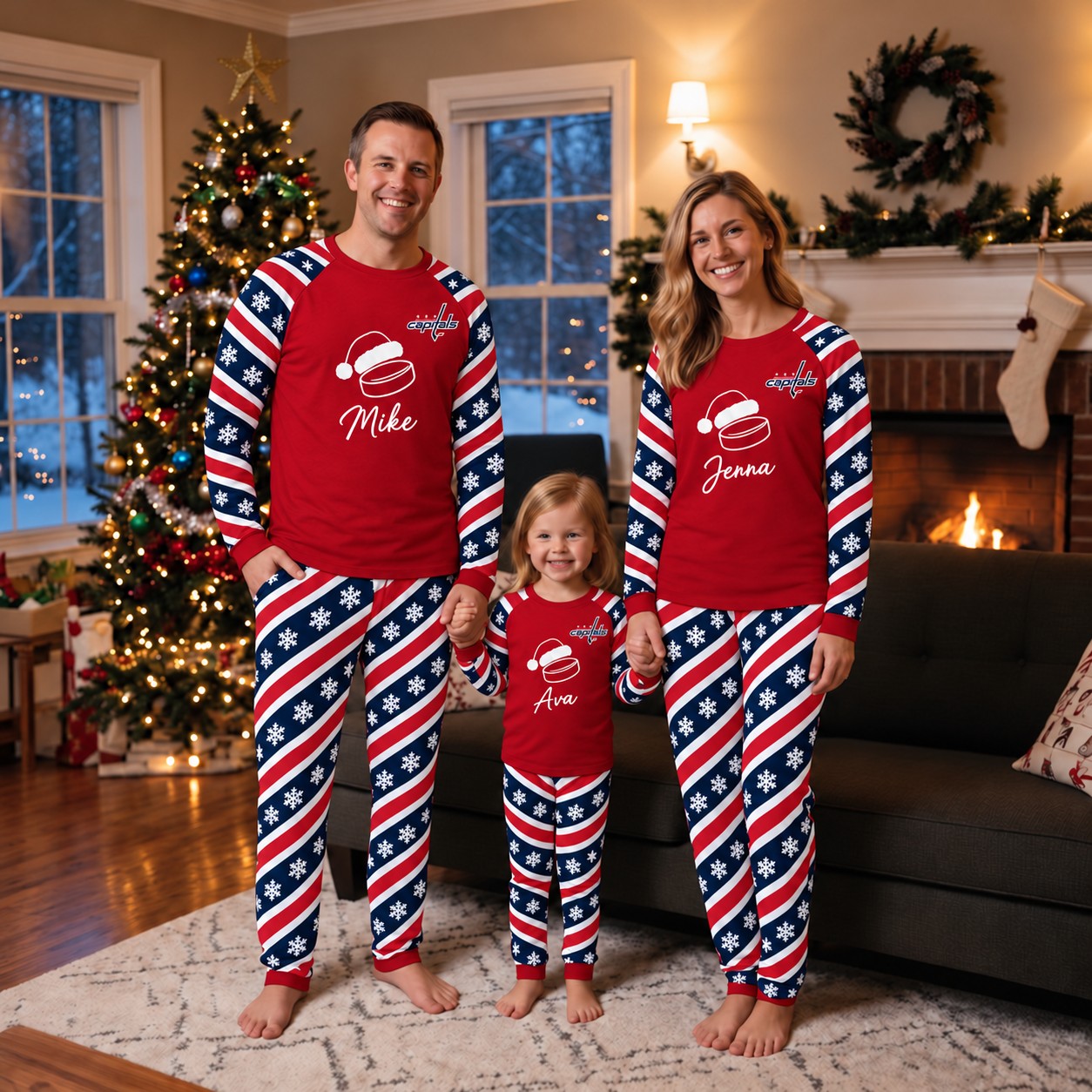 Washington Capitals family Christmas pajamas, candy stripe design