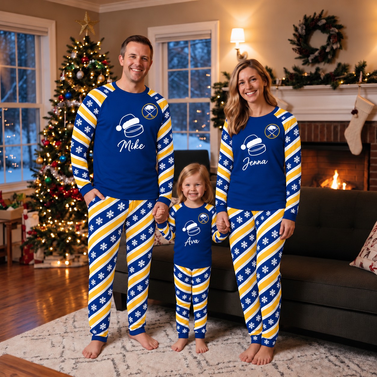 Buffalo Sabres family Christmas pajamas, candy stripe design